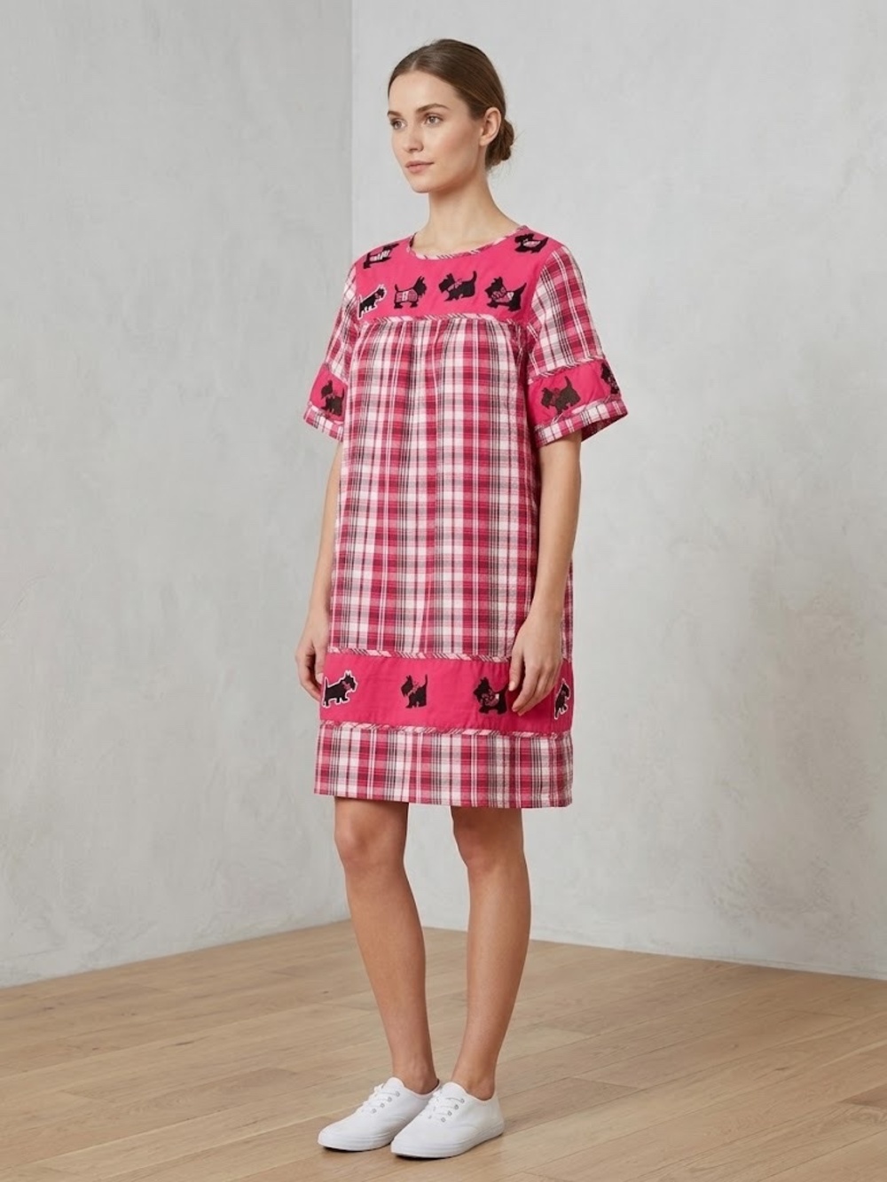 Vintage National Red Plaid Scottie Dog Cotton Dress Size XL Cute Dog Appliqué